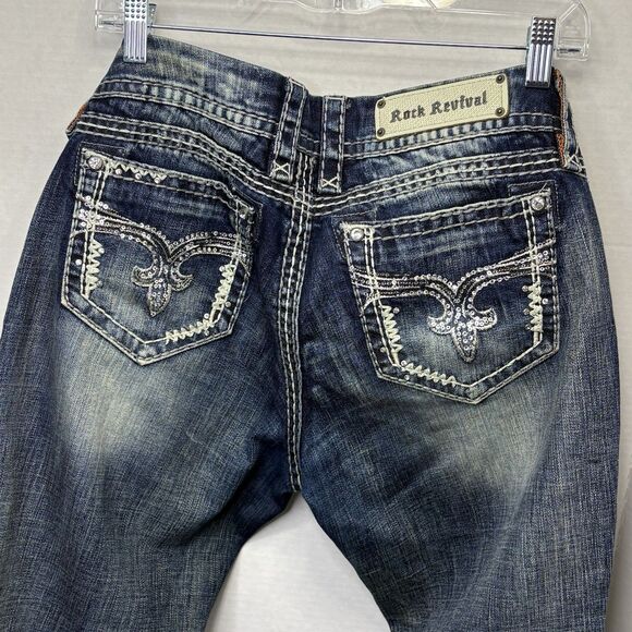 WOMENS Rock Revival LYNKAI Crystal Rhinestone Stitched Easy Crop Jeans 32 Y2K - Picture 5 of 16